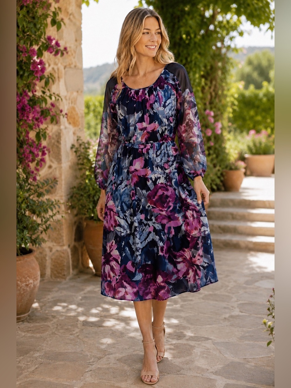 Sundance Dress Women’s XS Floral Long Sleeve MIDI 100% Silk Purple Blue
